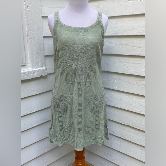 Raya Sun Olive Green Palm Tree Tropical 🌴 Embroidered Midi Dress - Picture 1 of 8
